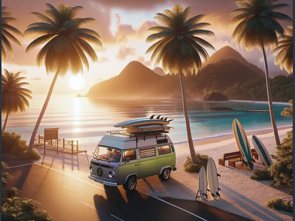 Campervan with surfboards in a sunset island setting