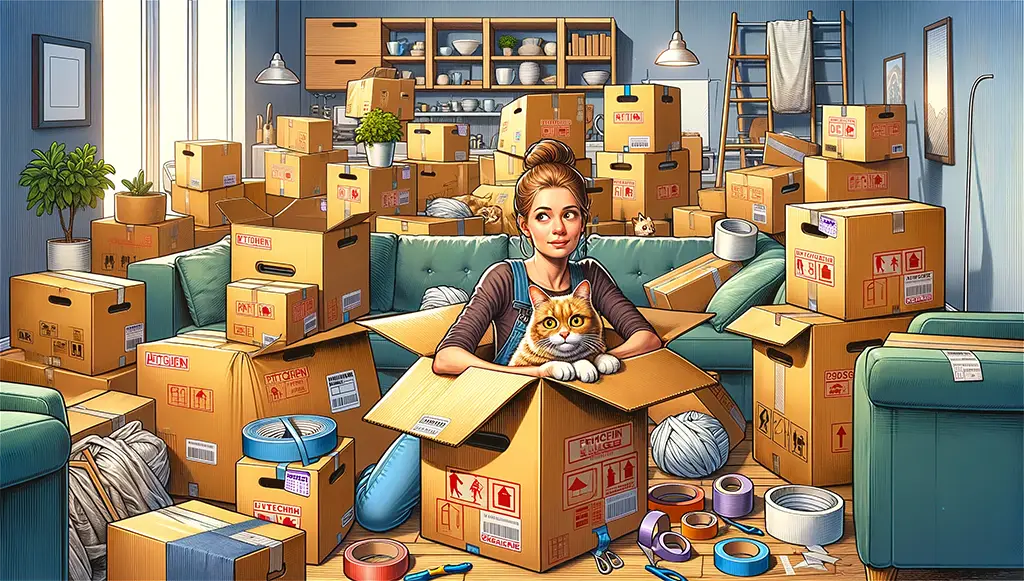 A woman packing up boxes for a home move with a cat sat in one of the boxes.