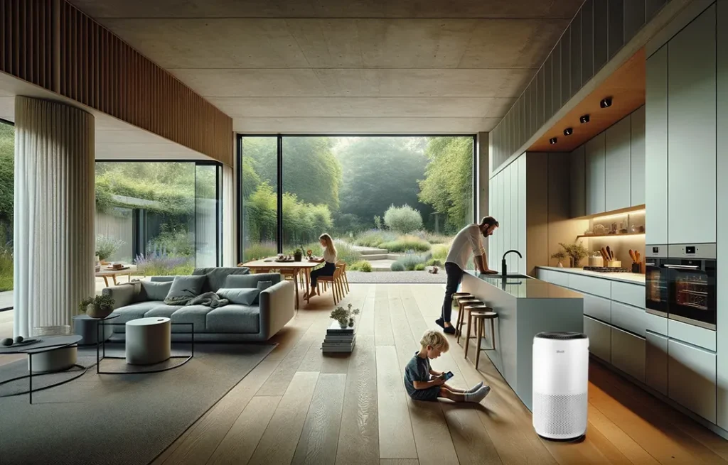 A modern family room with a Levoit Smart Air Purifier