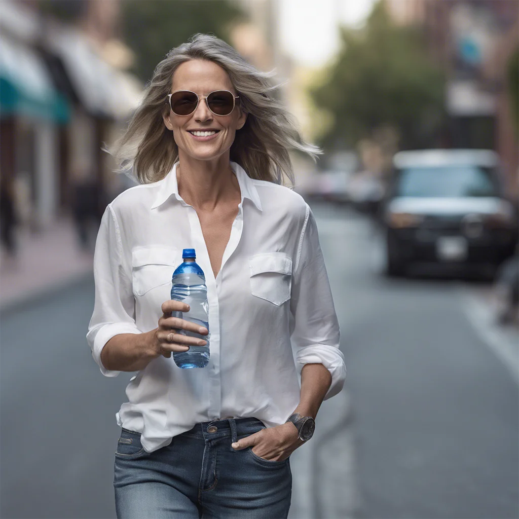 A woman with healthy skin walking down the street drinking water 