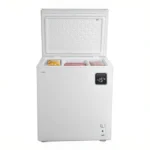 White LOGIK Chest Freezer with frozen food.