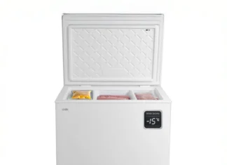 White LOGIK Chest Freezer with frozen food.