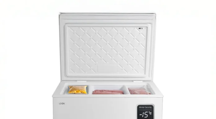 White LOGIK Chest Freezer with frozen food.