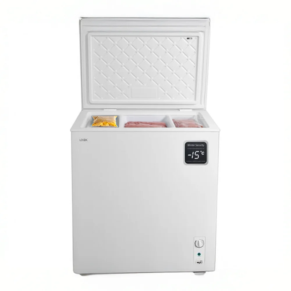 White LOGIK Chest Freezer with frozen food.